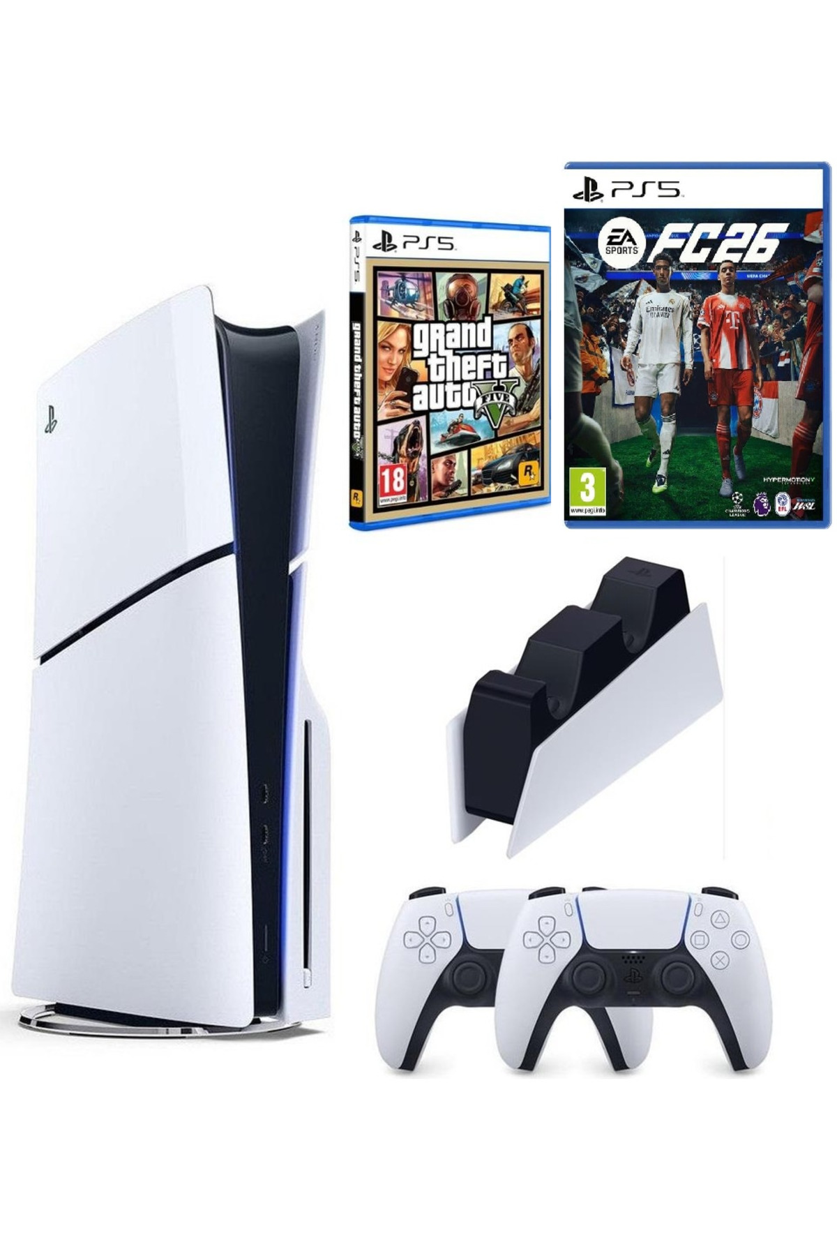 Playstation 5 Slim +2.kol Dualsense +Şarj istasyonu +PS5 FC26 + GTA V